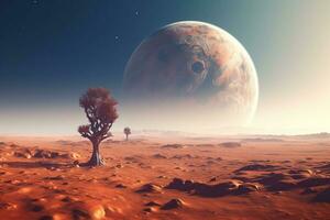 Desert with a tree and planet AI Generated photo