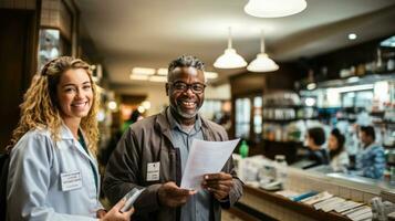 Portrait of happy female pharmacist and african american male customer in drugstore. photo