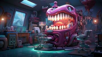 Scary horror illustration of dental clinic interior with dentures and equipment. photo