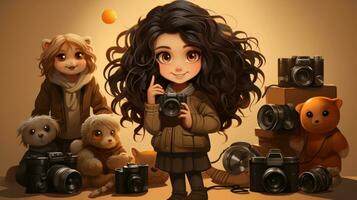 niña fotógrafo con un cámara y un suave oso. 3d ilustración foto