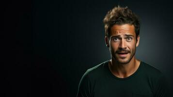 Portrait of a confused young man on a dark background looking at the camera. photo