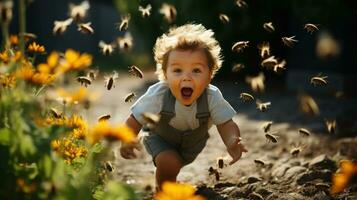 Little boy runs away from a swarm of bees. Emotional child affraid bee. Insect phobia photo