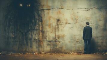 Businessman standing in front of a grunge wall with scary horror face dot. photo