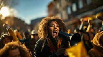 Arican American woman shouting through megaphone while being on anti racism protest. photo