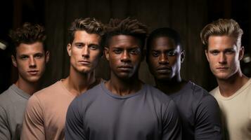 Group of five young men standing together. Men's beauty, fashion. Diversity of guys. photo