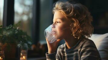 Portrait of sick little boy with inhalation mask on his face at home. photo