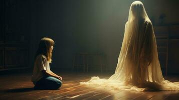 Little alone girl sitting on the floor in the dark room with ghost. Mysterious horror scene of scary. photo