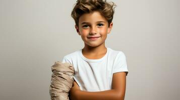 Boy with broken hand injured after accident. Kid with plaster. photo