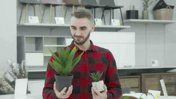 bonito homem escolhendo em vaso plantar para Comprar às mobília loja video