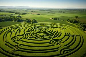 Aerial view of intricate crop circles and patterns on lush farmland photo