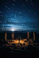 Mysterious stone circles glowing under an eerie star filled sky at dusk photo