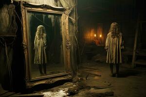 sobrenatural figura inquietantemente reflejado en un antiguo polvoriento ático espejo foto