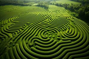 Aerial view of intricate crop circles and patterns on lush farmland photo