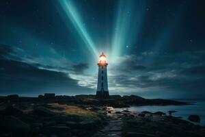 Mystical light beams emanating from an age old haunted lighthouse at midnight photo