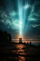Mystical light beams emanating from an age old haunted lighthouse at midnight photo