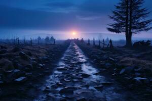 Dense misty fog blanketing a desolate untrodden path at twilight photo