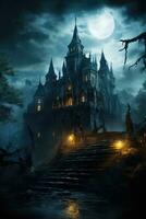 Gothic castle highlighted under full moon radiating spine chilling haunted vibes photo