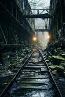 Ghost train emerges from mist across a dilapidated spectral railway bridge photo