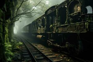 fantasma tren emerge desde niebla a través de un arruinado espectral ferrocarril puente foto