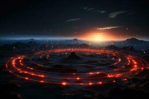 Spiraling energy vortex visualized over ancient ley lines at sunset photo