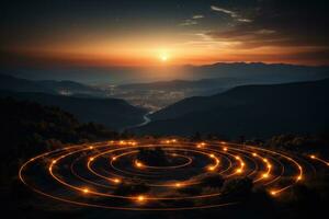 Spiraling energy vortex visualized over ancient ley lines at sunset photo
