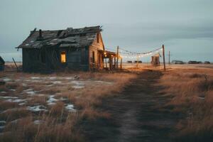 Haunted aesthetic of a decaying building in a desolate ghost town photo