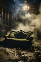 Unseen force tipping over furniture in a dimly lit Victorian room photo