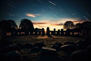Mysterious stone circles glowing under an eerie star filled sky at dusk photo