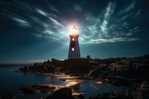 Mystical light beams emanating from an age old haunted lighthouse at midnight photo