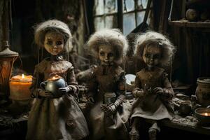 Spooky antique dolls in a cobwebbed forgotten attic of an abandoned house photo