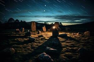 Mysterious stone circles glowing under an eerie star filled sky at dusk photo