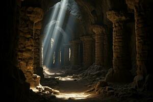 Ethereal shadows creeping in ancient labyrinth like underground catacombs veiled in mystery photo