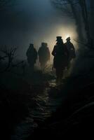 Ghostly soldiers marching on misty moor lit historical battlefields at midnight photo