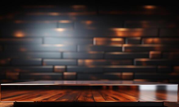 A front view of a luxurious silver metallic empty table for product placement, set against a dark, blurry city background, serves as a blank metallic table mockup, Ai generative photo