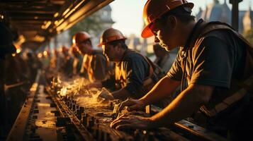 construcción trabajadores a el ciudad construcción sitio en el tarde luz, un urbano desarrollo y edificio Progreso concepto, ai generativo foto