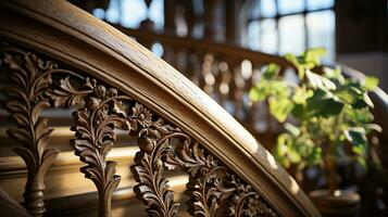 Close-Up of Vintage Wooden Stair Winders Bathed in Warm Afternoon Light, A Nostalgic Glimpse into Architectural Heritage, Evoking Vintage House and Building Concepts, Ai generative photo