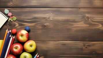 Top View of School Equipment Arranged in a Frame on a Wooden Background, A Back-to-School Concept Featuring Educational Supplies and the Teacher-Student Presentation Concept, Ai generative photo