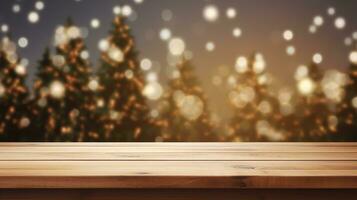 Close-Up of a Light Brown Wooden Table with a Christmas Tree in a Blurry Winter Night Background, Ideal for Product Placement in the Festive Holiday Season, Ai generative photo