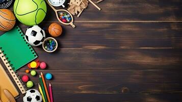 Top View of School Equipment Arranged in a Frame on a Wooden Background, A Back-to-School Concept Featuring Educational Supplies and the Teacher-Student Presentation Concept, Ai generative photo