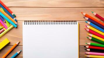 Top View of School Equipment Arranged in a Frame on a Wooden Background, A Back-to-School Concept Featuring Educational Supplies and the Teacher-Student Presentation Concept, Ai generative photo