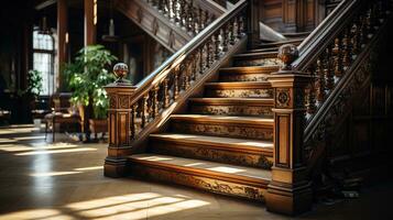 Close-Up of Vintage Wooden Stair Winders Bathed in Warm Afternoon Light, A Nostalgic Glimpse into Architectural Heritage, Evoking Vintage House and Building Concepts, Ai generative photo