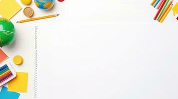 Top View of School Equipment Arranged in a Frame on a Wooden Background, A Back-to-School Concept Featuring Educational Supplies and the Teacher-Student Presentation Concept, Ai generative photo