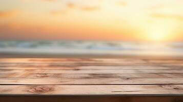 Close-Up of a Light Brown Wooden Table with a Sunset at the Beach Blurry Background, Ideal for Product Placement in a Beachside Marketing Concept, Ai generative photo