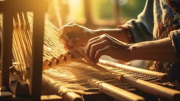 Celebrating Modern Traditional Heritage Craft, Close-Up of Hands Weaving a Colorful Textile on a Wooden Loom with Copy Space for Creative Expressions, Ai generative photo