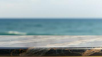 de cerca de un negro y oro mármol mesa con un Oceano borroso fondo, ideal para producto colocación conceptos en elegante interior diseño con un relajante Oceano vista, ai generativo foto