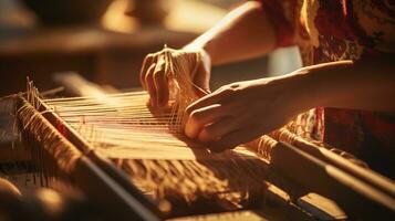 Celebrating Modern Traditional Heritage Craft, Close-Up of Hands Weaving a Colorful Textile on a Wooden Loom with Copy Space for Creative Expressions, Ai generative photo