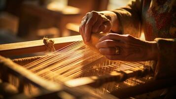 Celebrating Modern Traditional Heritage Craft, Close-Up of Hands Weaving a Colorful Textile on a Wooden Loom with Copy Space for Creative Expressions, Ai generative photo