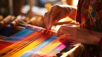 Celebrating Modern Traditional Heritage Craft, Close-Up of Hands Weaving a Colorful Textile on a Wooden Loom with Copy Space for Creative Expressions, Ai generative photo