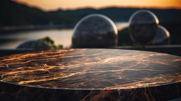 Close-Up of a Black and Gold Marble Table with Bokeh Light Blurry Background, An Elegant and Opulent Addition to Premium Interior Design, Product Placement Concept, Ai generative photo