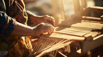 Celebrating Modern Traditional Heritage Craft, Close-Up of Hands Weaving a Colorful Textile on a Wooden Loom with Copy Space for Creative Expressions, Ai generative photo